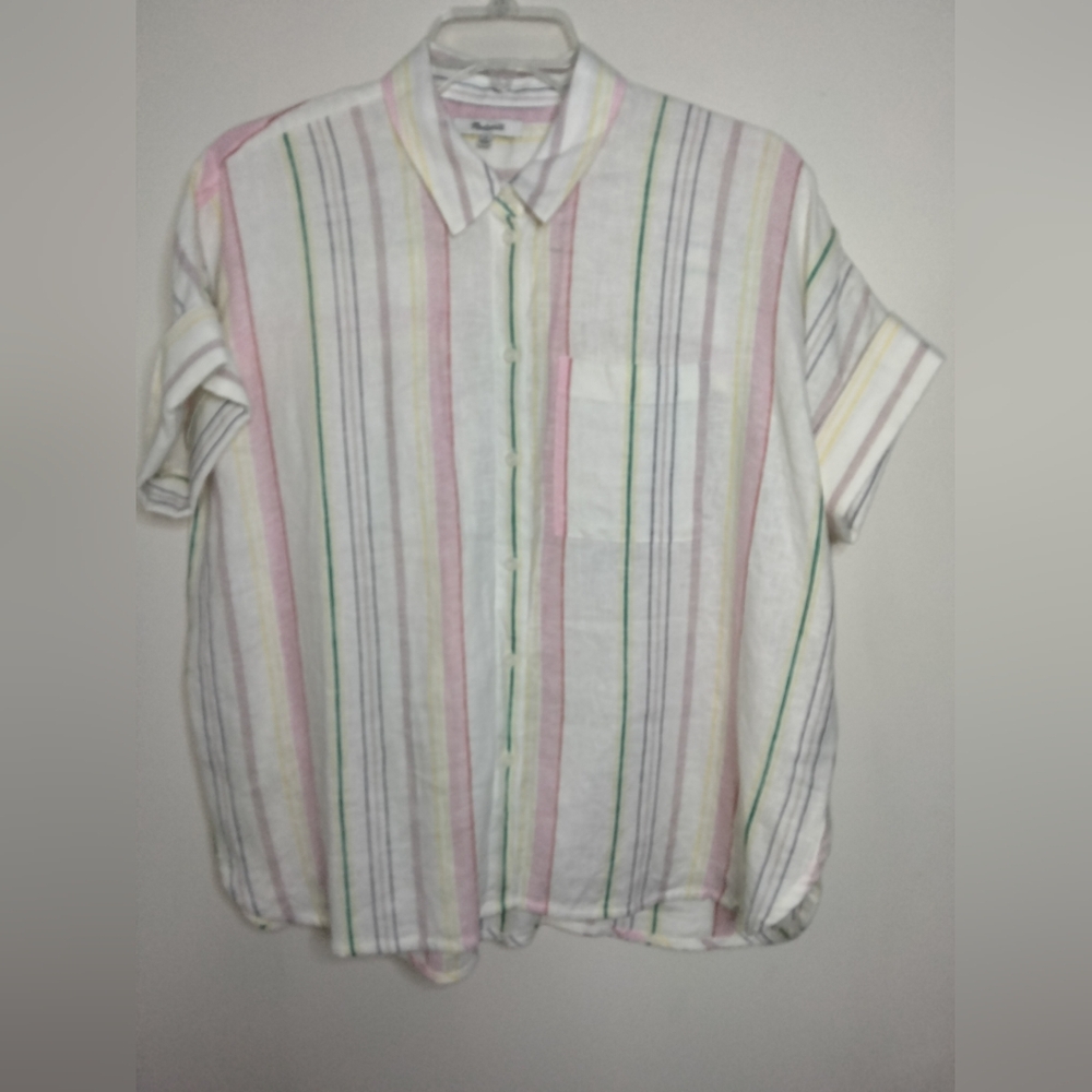 Madewell (Size M) Multicolored Striped Linen Blend Button Down Front SS Shirt